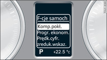 Zestaw wskaźników: menu funkcji samochodu